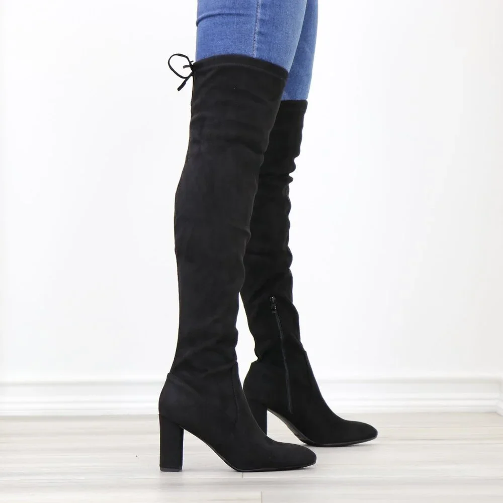 Black Over The Knee Boots Lace Up Back Side Zip Block Heel Faux Suede